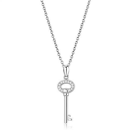 3W1379 - Rhodium 925 Sterling Silver Chain Pendant with AAA Grade CZ  in Clear Alamode