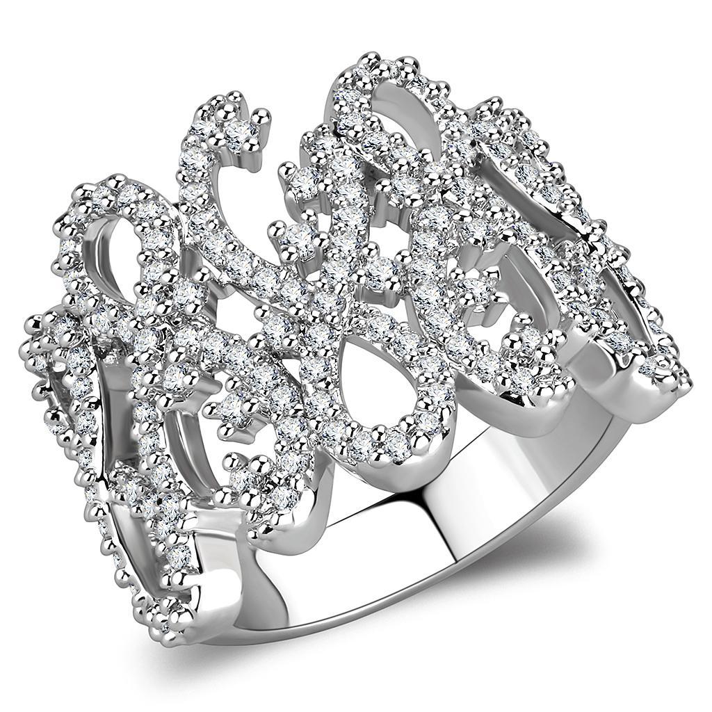 3W1443 - Rhodium Brass Ring with AAA Grade CZ  in Clear Alamode