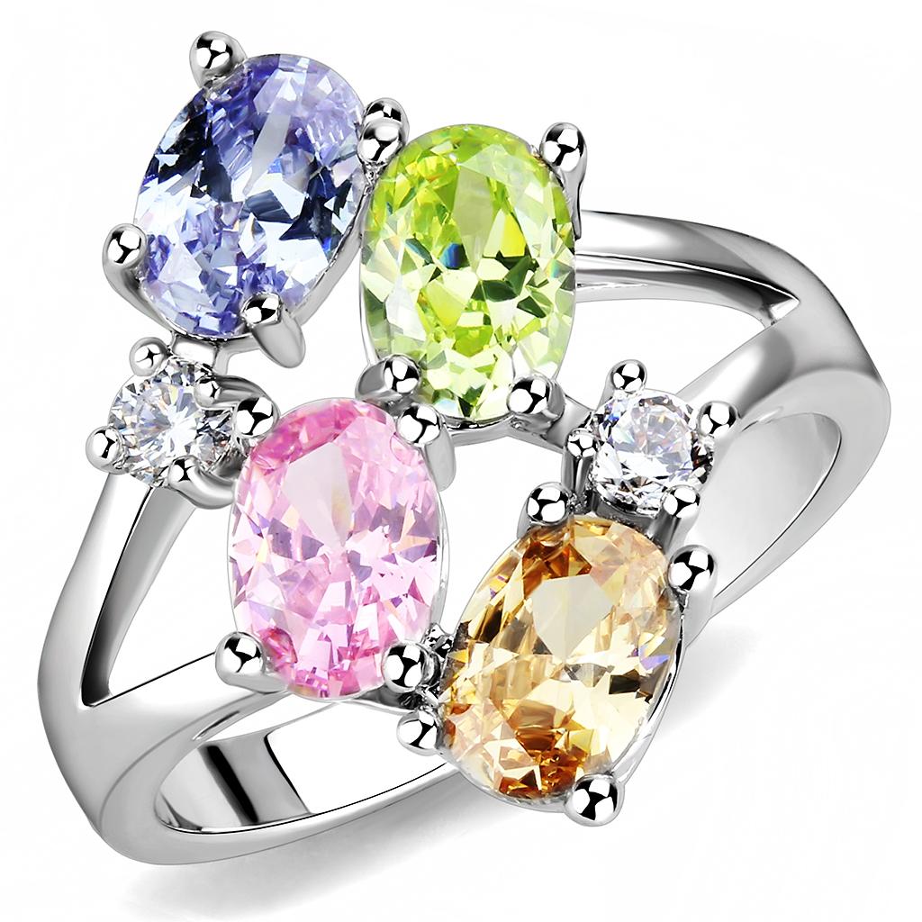 Jean Cocktail Ring - Rhodium Brass, AAA CZ , Multi Color - 3W1474 Alamode