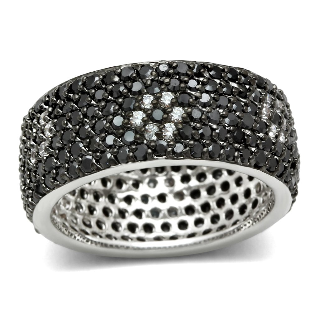 3W158 - Rhodium + Ruthenium Brass Ring with AAA Grade CZ  in Jet Alamode