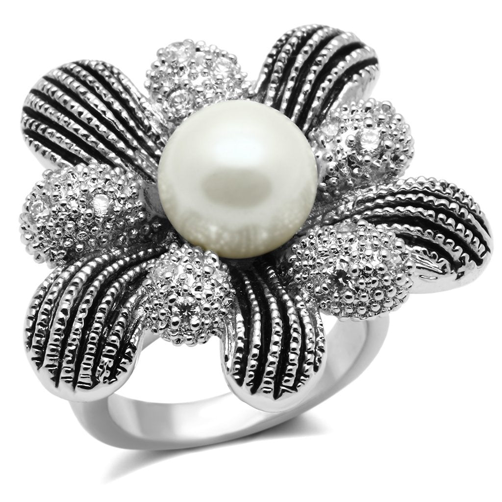 3W294 - Rhodium Brass Ring with Synthetic Pearl in White Alamode