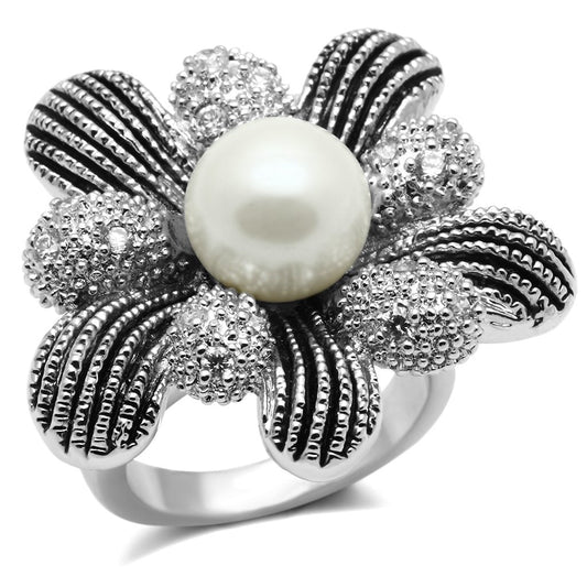 3W294 - Rhodium Brass Ring with Synthetic Pearl in White Alamode
