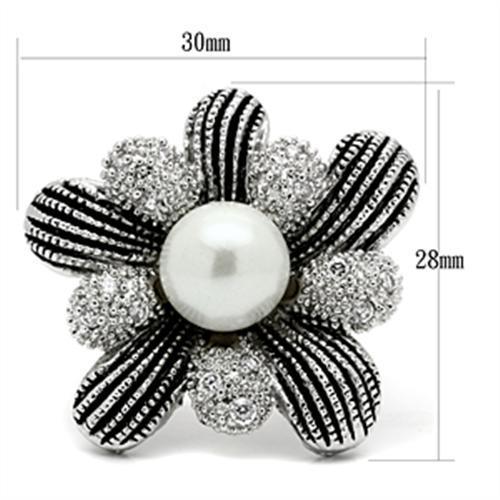 3W294 - Rhodium Brass Ring with Synthetic Pearl in White Alamode