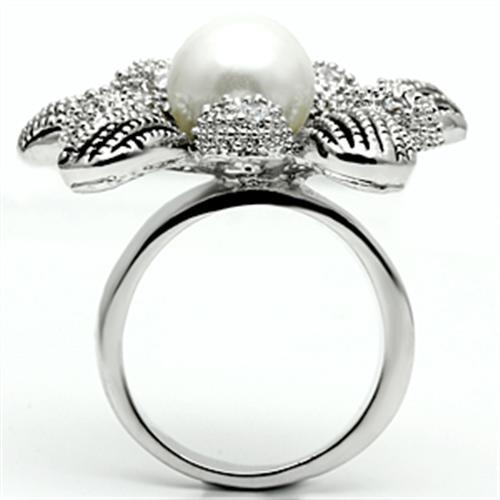 3W294 - Rhodium Brass Ring with Synthetic Pearl in White Alamode