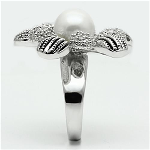 3W294 - Rhodium Brass Ring with Synthetic Pearl in White Alamode