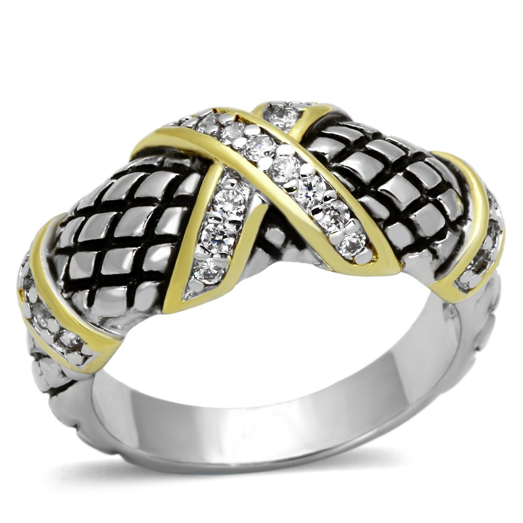 3W314 - Reverse Two-Tone Brass Ring with AAA Grade CZ  in Clear Alamode