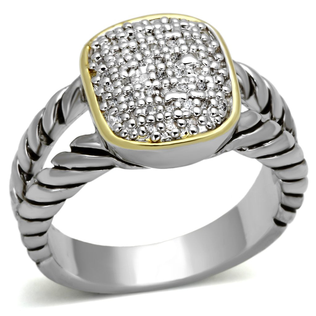3W322 - Reverse Two-Tone Brass Ring with AAA Grade CZ  in Clear-0