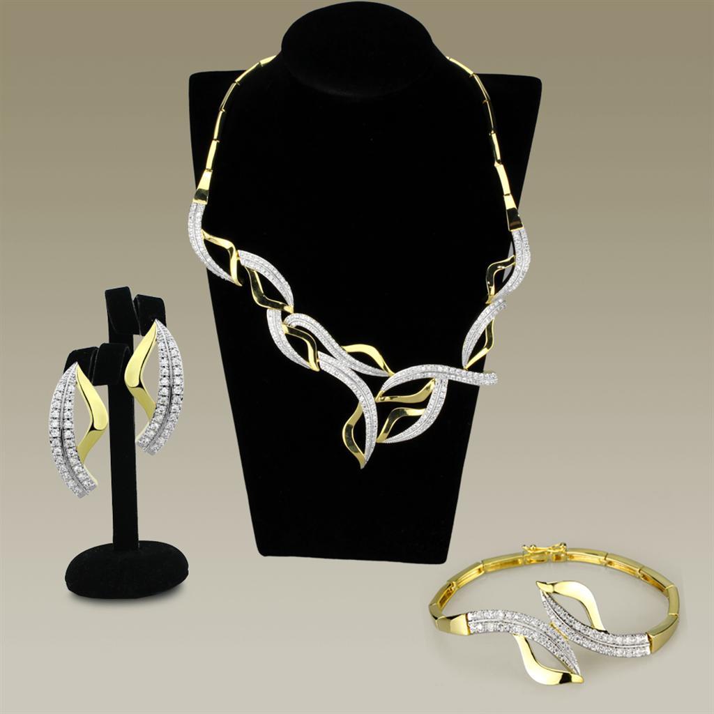 3W942 - Gold+Rhodium Brass Jewelry Sets with AAA Grade CZ  in Clear Alamode