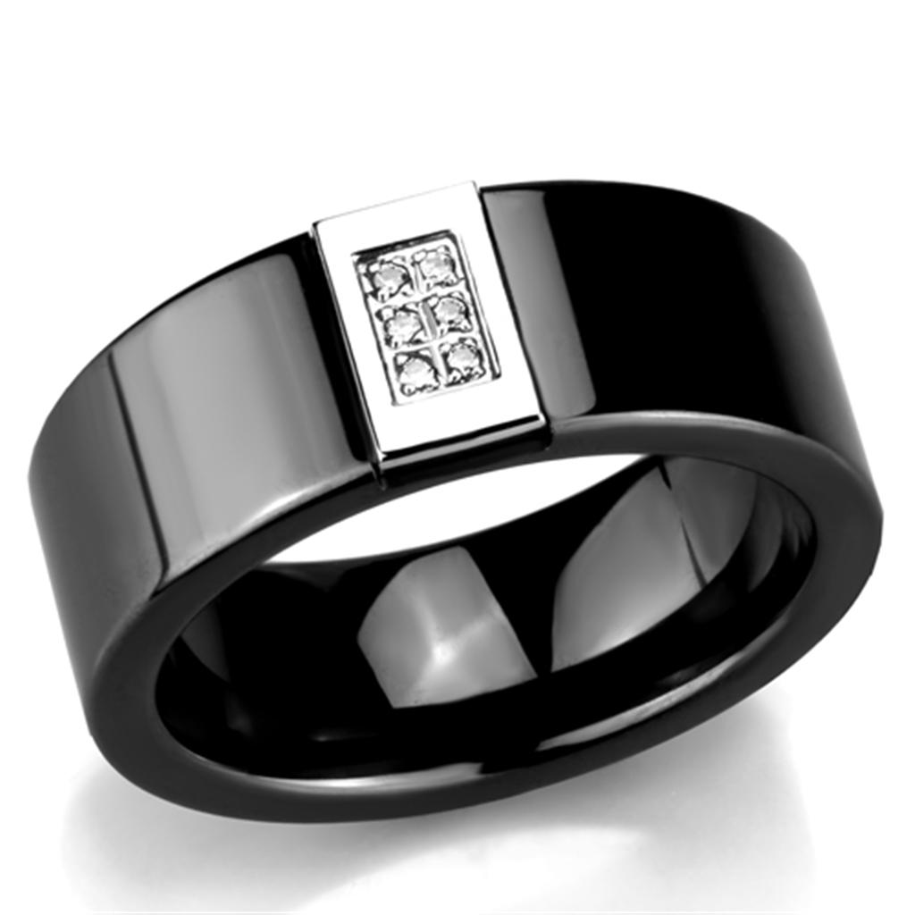 3W953 - High polished (no plating) Stainless Steel Ring with Ceramic  in Jet Alamode