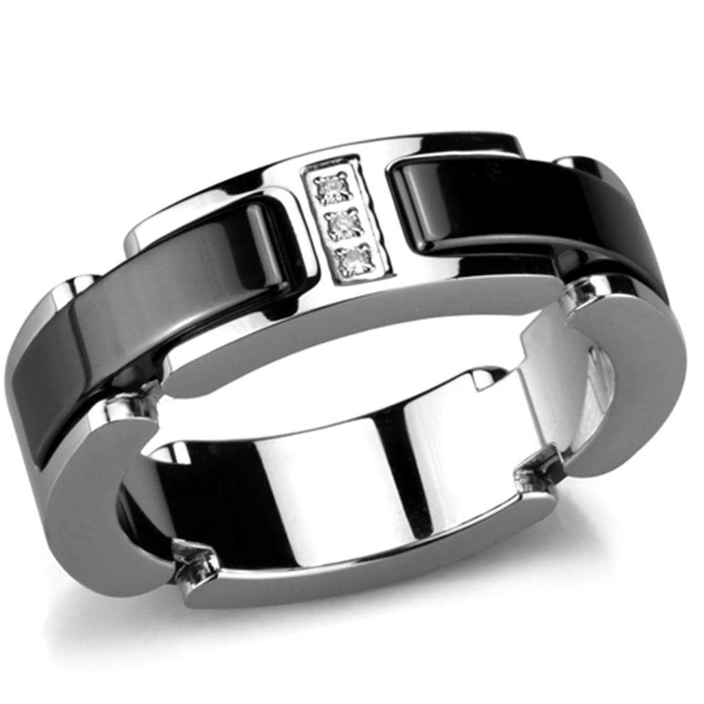 3W966 - High polished (no plating) Stainless Steel Ring with Ceramic  in Jet Alamode