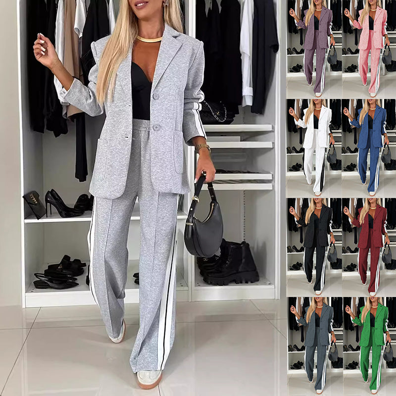 Women's Casual Suit Lapel Single-breasted Jacket And Striped Straight Pants Fashion Sports Trousers Suit Outerwears Clothing LadyShow.Store