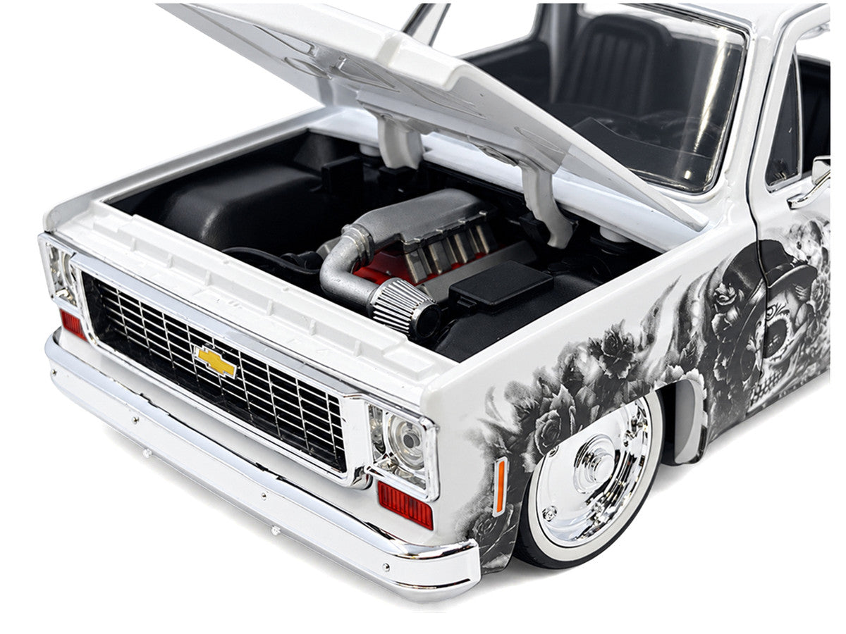 1973 Chevrolet Cheyenne 10 Pickup Truck "Dia de los Muertos" White with Graphics Limited Edition to 2500 pieces Worldwide 1/24 Diecast Model Car by M2 Machines M2