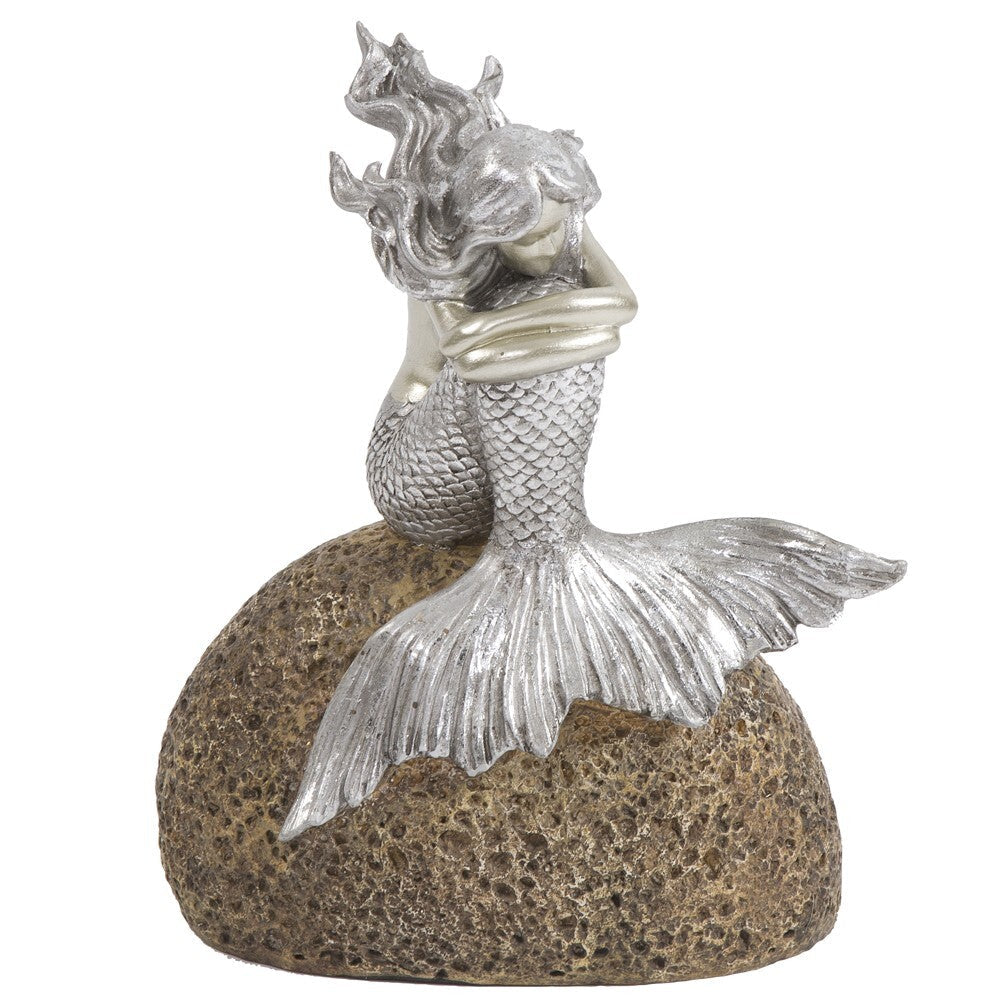 10" Brown and Silver Contemplative Mermaid Resin Tabletop Sculpture W2B