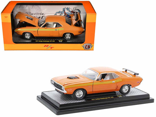 1971 Dodge Challenger R/T 440 Orange with Yellow Stripes and White Interior Limited Edition to 5250 pieces Worldwide 1/24 Diecast Model Car by M2 Machines M2