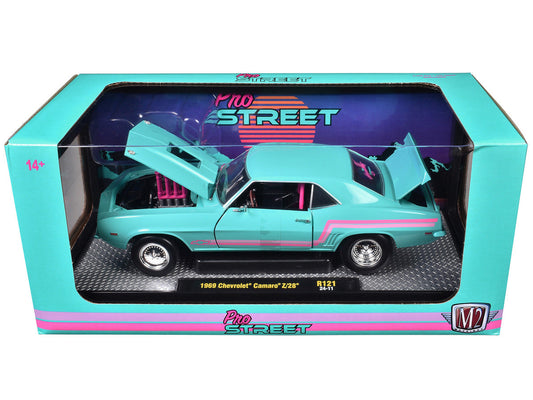 1969 Chevrolet Camaro Z/28 Light Blue with Pink Stripes "Pro Street" Limited Edition to 6250 pieces Worldwide 1/24 Diecast Model Car by M2 Machines M2