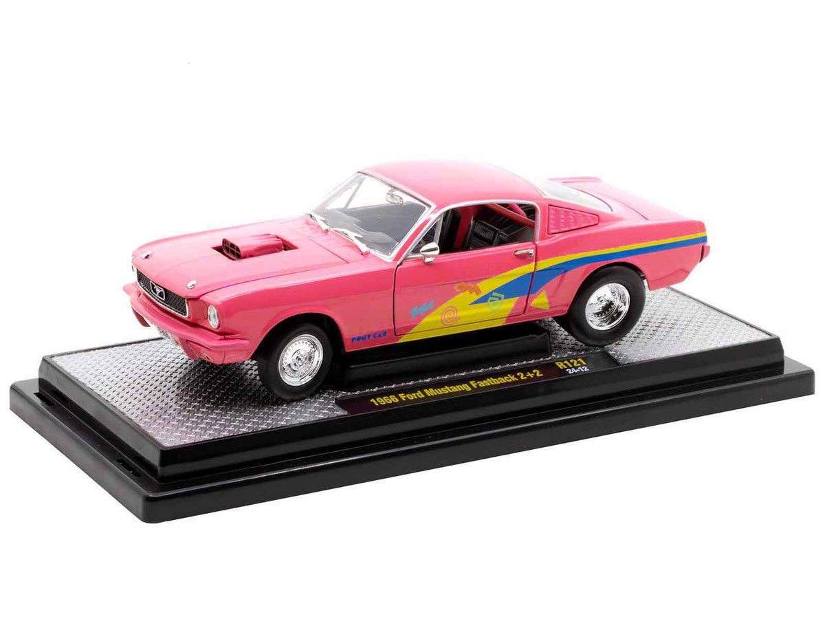 1966 Ford Mustang Fastback 2+2 Pink with Blue and Yellow Stripes "Pro Street" Limited Edition to 6250 pieces Worldwide 1/24 Diecast Model Car by M2 Machines M2