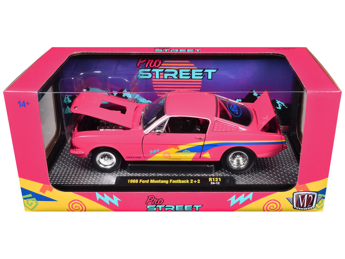 1966 Ford Mustang Fastback 2+2 Pink with Blue and Yellow Stripes "Pro Street" Limited Edition to 6250 pieces Worldwide 1/24 Diecast Model Car by M2 Machines M2