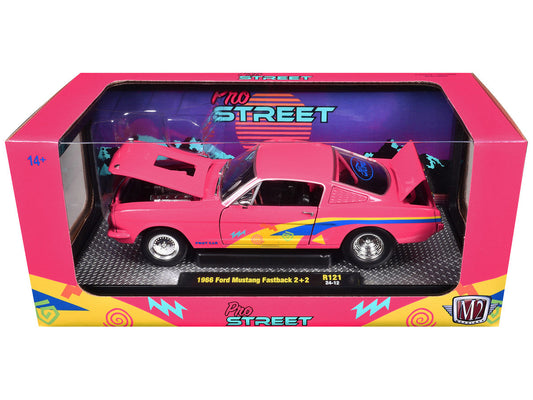 1966 Ford Mustang Fastback 2+2 Pink with Blue and Yellow Stripes "Pro Street" Limited Edition to 6250 pieces Worldwide 1/24 Diecast Model Car by M2 Machines M2