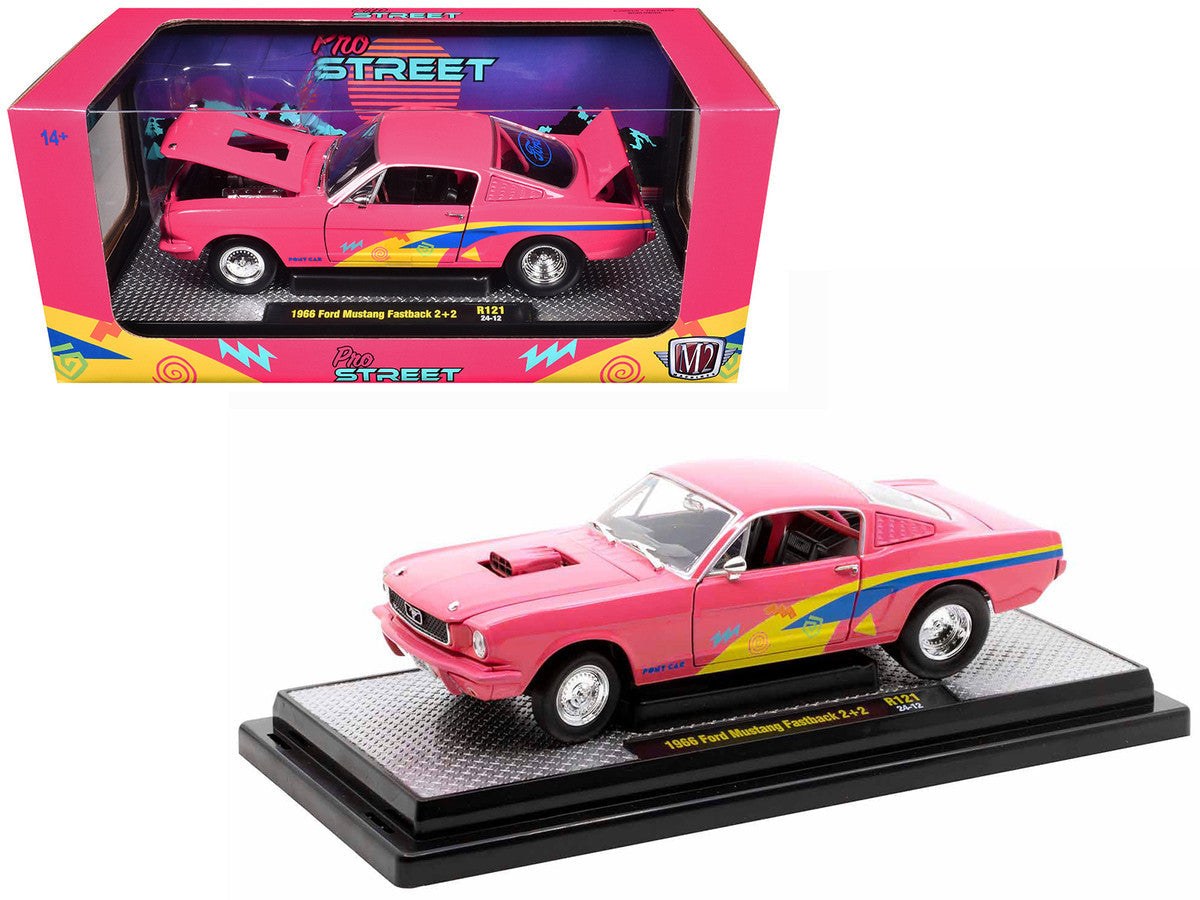 1966 Ford Mustang Fastback 2+2 Pink with Blue and Yellow Stripes "Pro Street" Limited Edition to 6250 pieces Worldwide 1/24 Diecast Model Car by M2 Machines M2