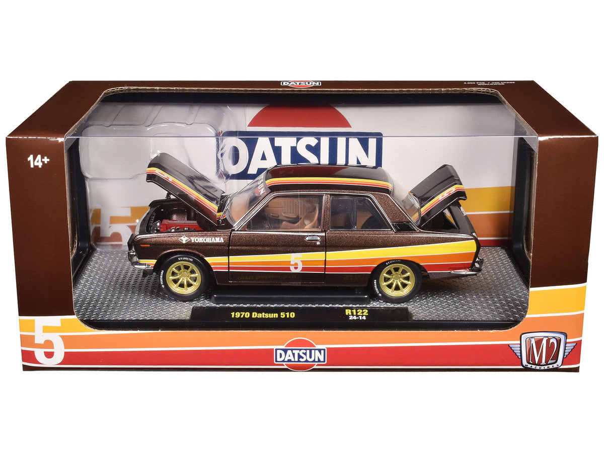 1970 Datsun 510 #5 Brown Metallic with Stripes Limited Edition to 4250 pieces Worldwide 1/24 Diecast Model Car by M2 Machines M2