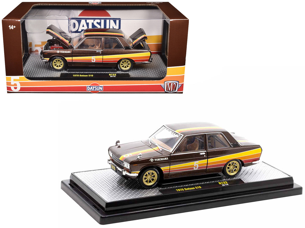 1970 Datsun 510 #5 Brown Metallic with Stripes Limited Edition to 4250 pieces Worldwide 1/24 Diecast Model Car by M2 Machines M2
