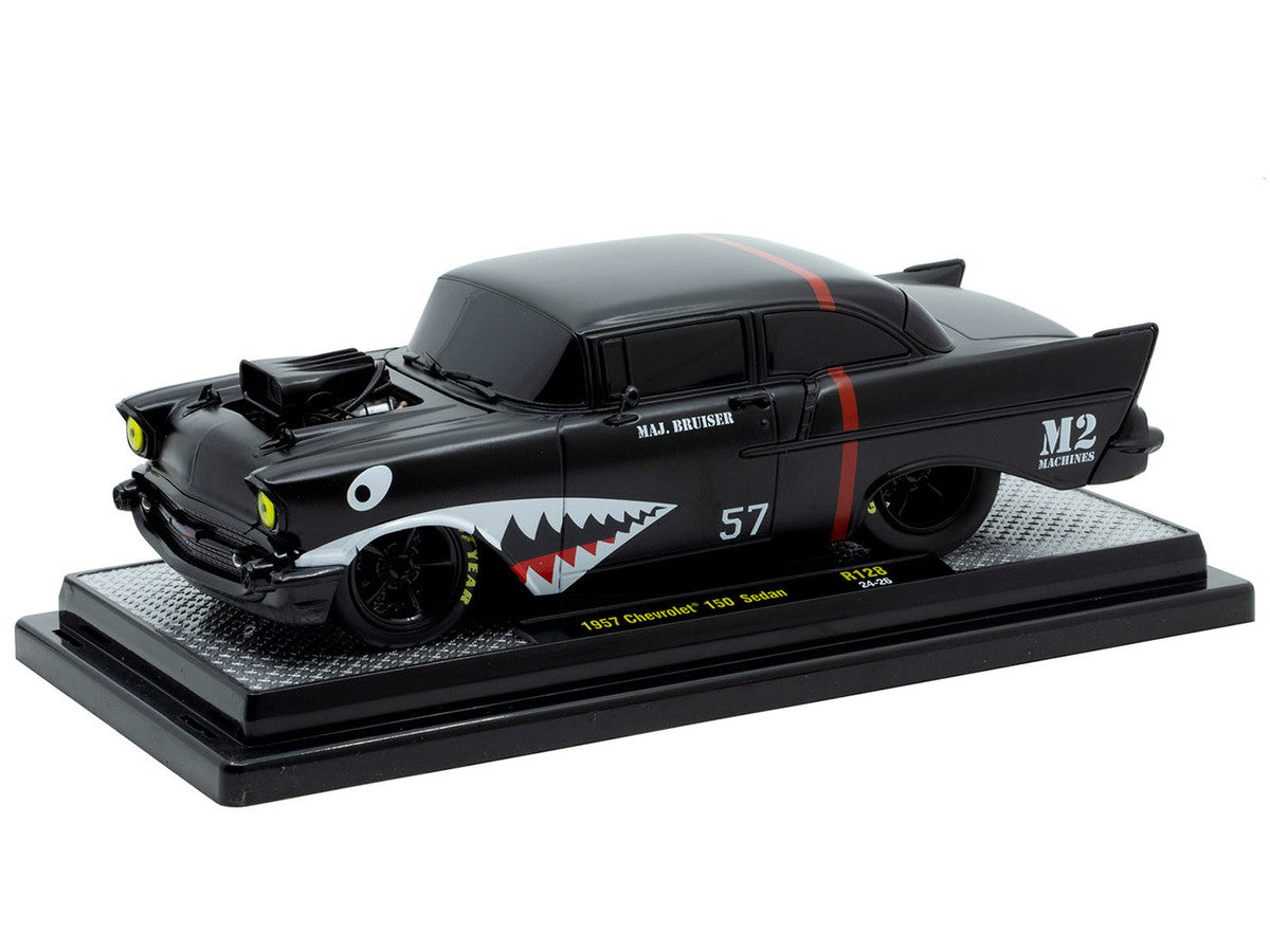 1957 Chevrolet 150 Sedan "Maj. Bruiser" Matt Black with Red Stripe and Shark Mouth Graphics Limited Edition to 6650 pieces Worldwide 1/24 Diecast Model Car by M2 Machines M2