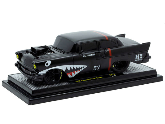 1957 Chevrolet 150 Sedan "Maj. Bruiser" Matt Black with Red Stripe and Shark Mouth Graphics Limited Edition to 6650 pieces Worldwide 1/24 Diecast Model Car by M2 Machines M2