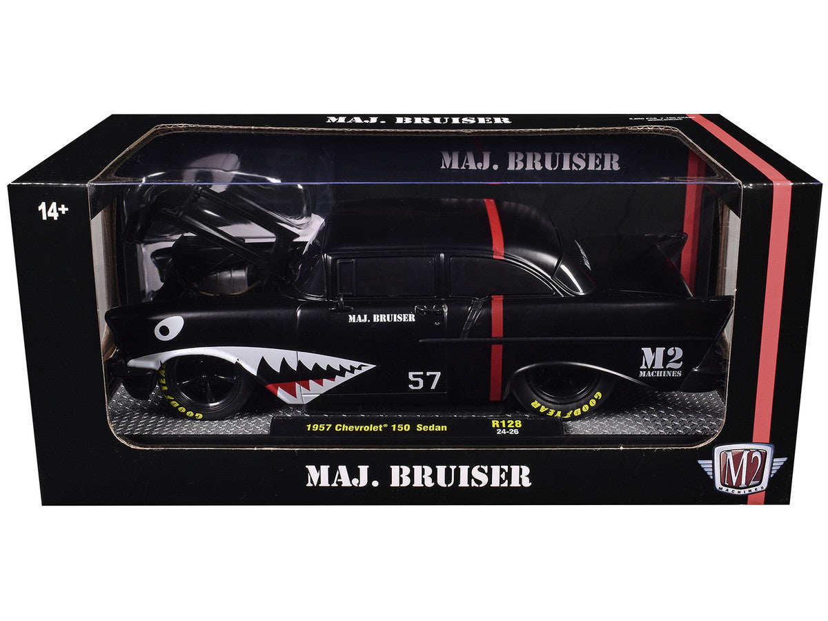 1957 Chevrolet 150 Sedan "Maj. Bruiser" Matt Black with Red Stripe and Shark Mouth Graphics Limited Edition to 6650 pieces Worldwide 1/24 Diecast Model Car by M2 Machines M2