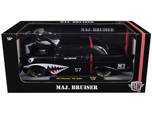 1957 Chevrolet 150 Sedan "Maj. Bruiser" Matt Black with Red Stripe and Shark Mouth Graphics Limited Edition to 6650 pieces Worldwide 1/24 Diecast Model Car by M2 Machines M2
