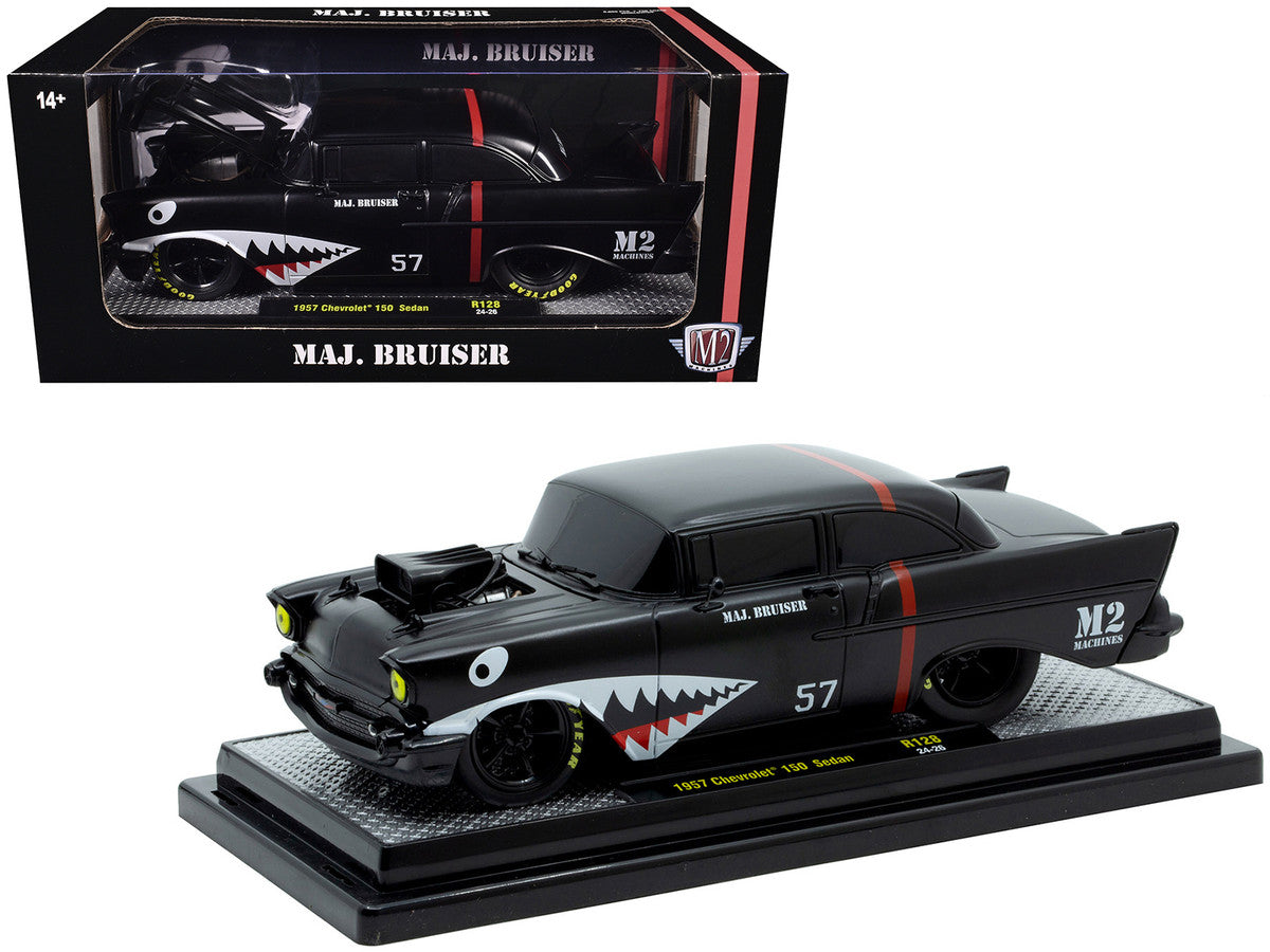 1957 Chevrolet 150 Sedan "Maj. Bruiser" Matt Black with Red Stripe and Shark Mouth Graphics Limited Edition to 6650 pieces Worldwide 1/24 Diecast Model Car by M2 Machines M2