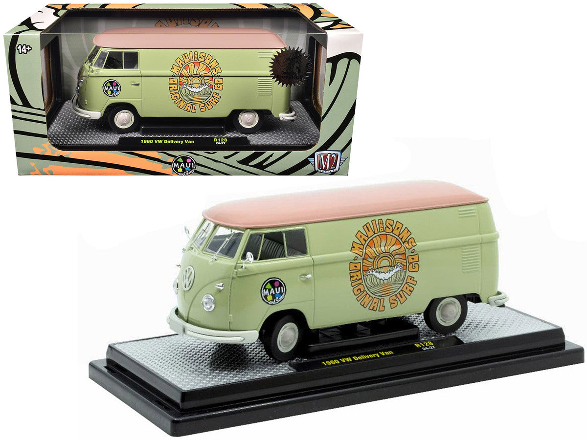 1960 Volkswagen Delivery Van "Maui & Sons" Light Olive Green with Salmon Top Limited Edition to 6650 pieces Worldwide 1/24 Diecast Model Car by M2 Machines M2