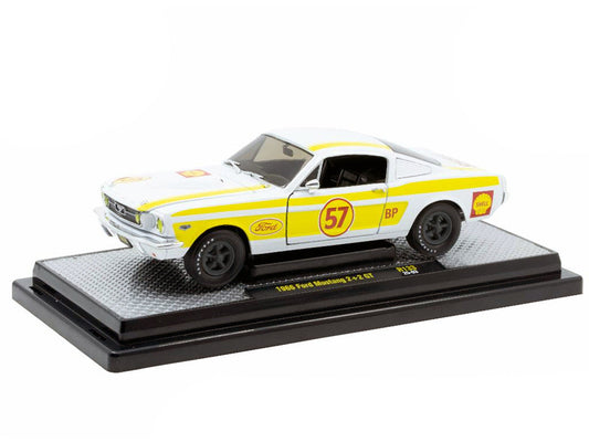 1966 Ford Mustang 2+2 GT #57 "Shell Oil" White with Yellow Stripes Limited Edition to 5650 pieces Worldwide 1/24 Diecast Model Car by M2 Machines M2