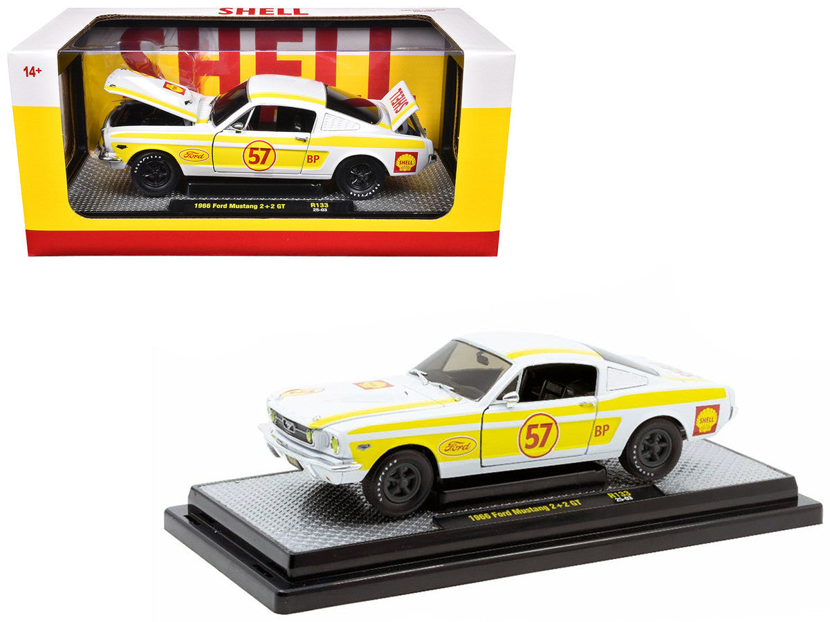 1966 Ford Mustang 2+2 GT #57 "Shell Oil" White with Yellow Stripes Limited Edition to 5650 pieces Worldwide 1/24 Diecast Model Car by M2 Machines M2
