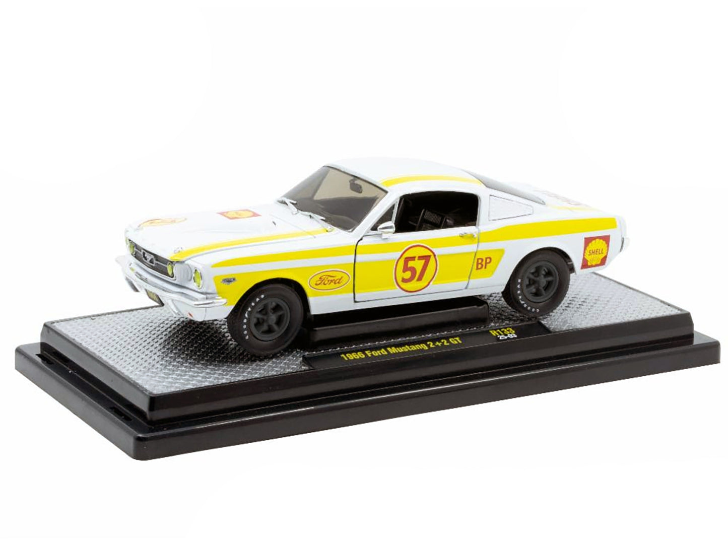 1966 Ford Mustang 2+2 GT #57 "Shell Oil" White with Yellow Stripes Limited Edition to 5650 pieces Worldwide 1/24 Diecast Model Car by M2 Machines