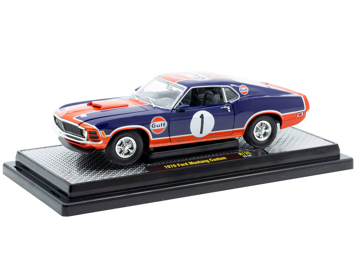 1970 Ford Mustang Custom #1 "Gulf Oil" Dark Blue with Orange Graphics Limited Edition to 7850 pieces Worldwide 1/24 Diecast Model Car by M2 Machines M2
