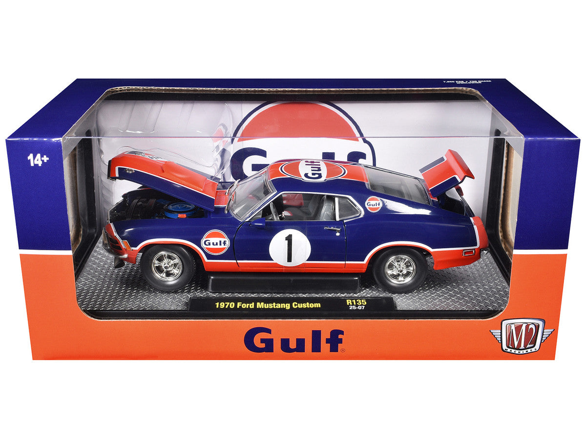 1970 Ford Mustang Custom #1 "Gulf Oil" Dark Blue with Orange Graphics Limited Edition to 7850 pieces Worldwide 1/24 Diecast Model Car by M2 Machines M2