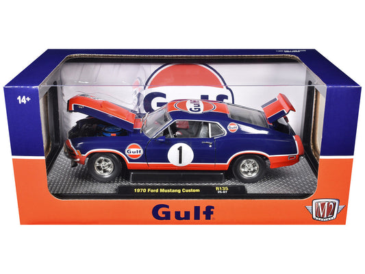 1970 Ford Mustang Custom #1 "Gulf Oil" Dark Blue with Orange Graphics Limited Edition to 7850 pieces Worldwide 1/24 Diecast Model Car by M2 Machines M2