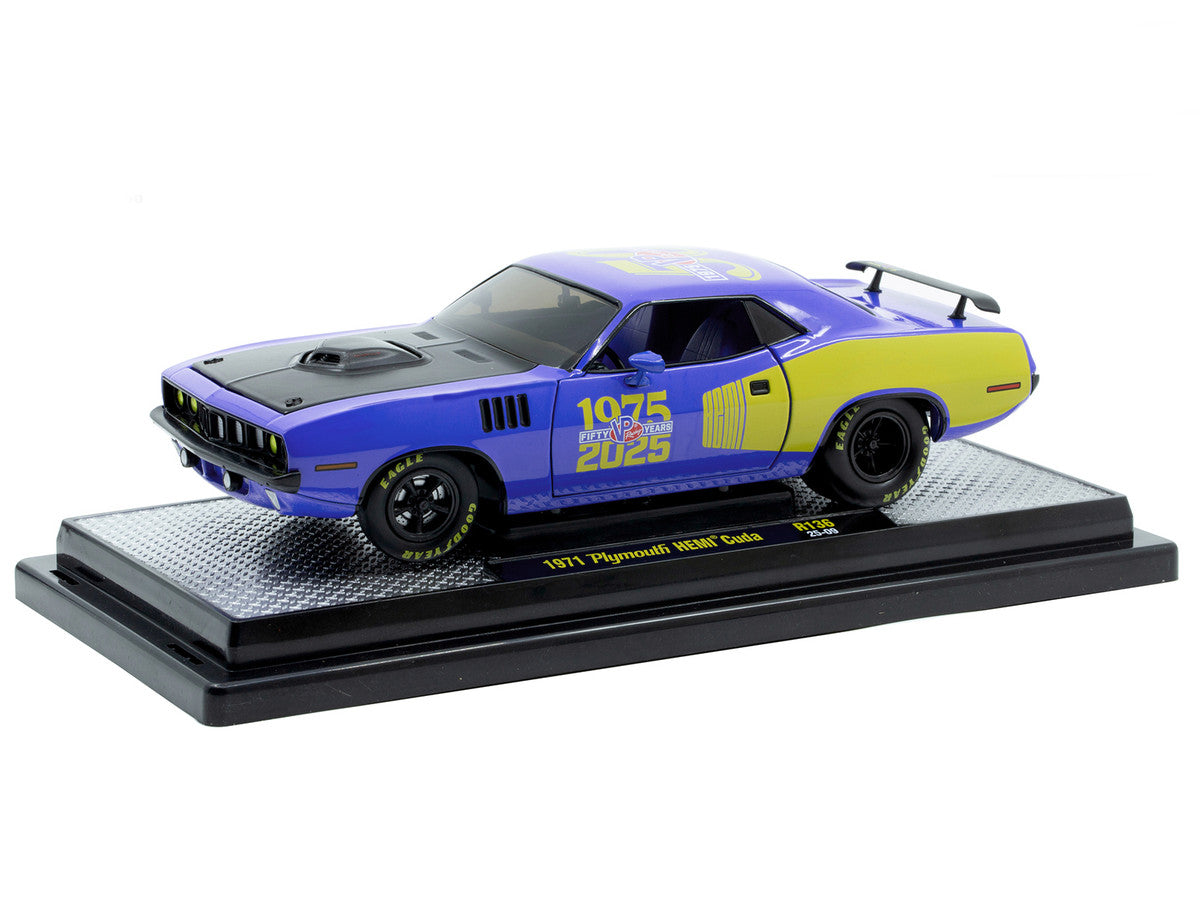 1971 Plymouth Hemi Cuda "VP Racing 50 Years" Blue with Yellow Sides Limited Edition to 8650 pieces Worldwide 1/24 Diecast Model Car by M2 Machines M2