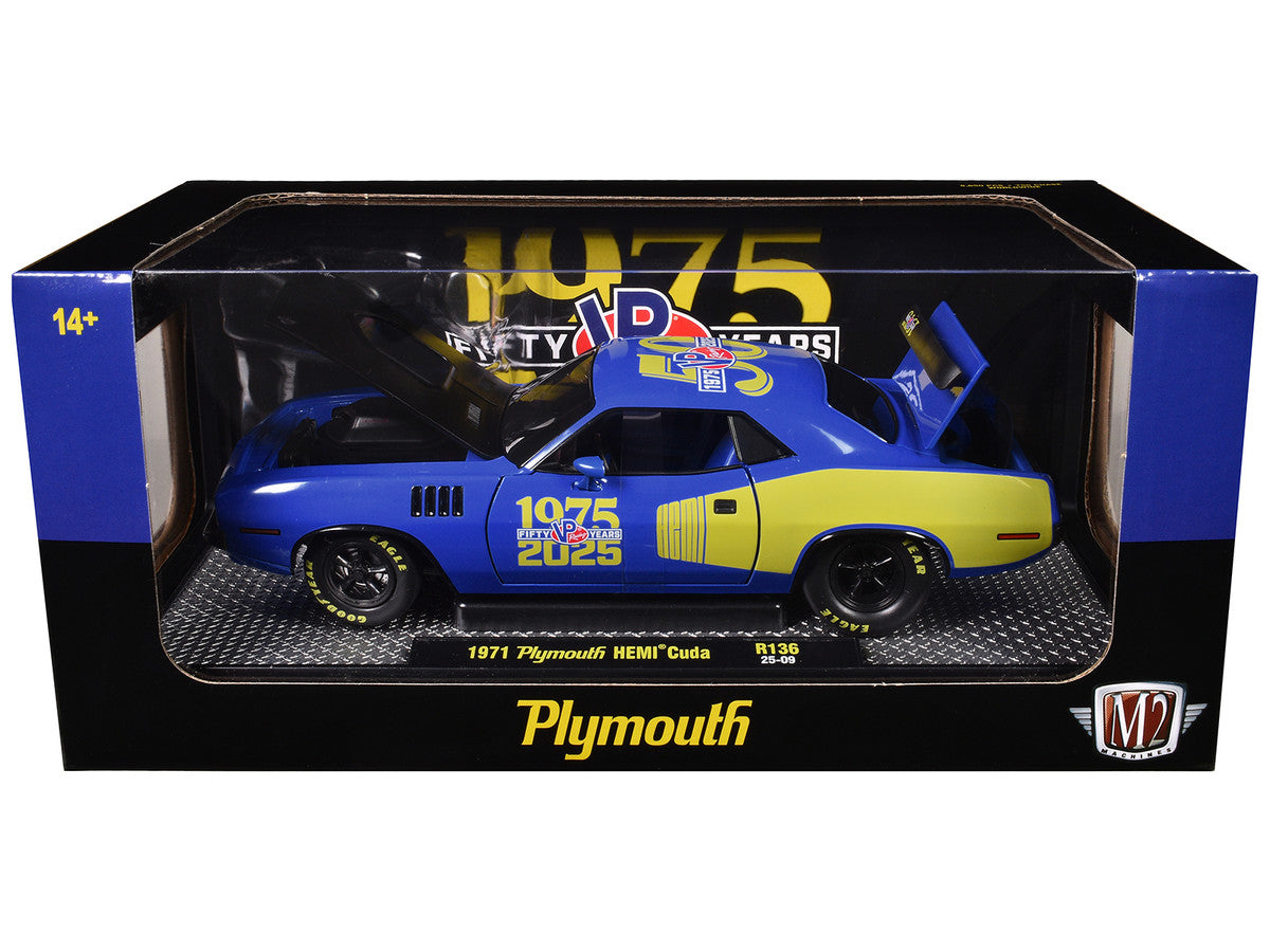 1971 Plymouth Hemi Cuda "VP Racing 50 Years" Blue with Yellow Sides Limited Edition to 8650 pieces Worldwide 1/24 Diecast Model Car by M2 Machines M2