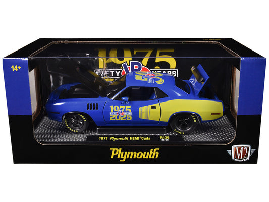 1971 Plymouth Hemi Cuda "VP Racing 50 Years" Blue with Yellow Sides Limited Edition to 8650 pieces Worldwide 1/24 Diecast Model Car by M2 Machines M2