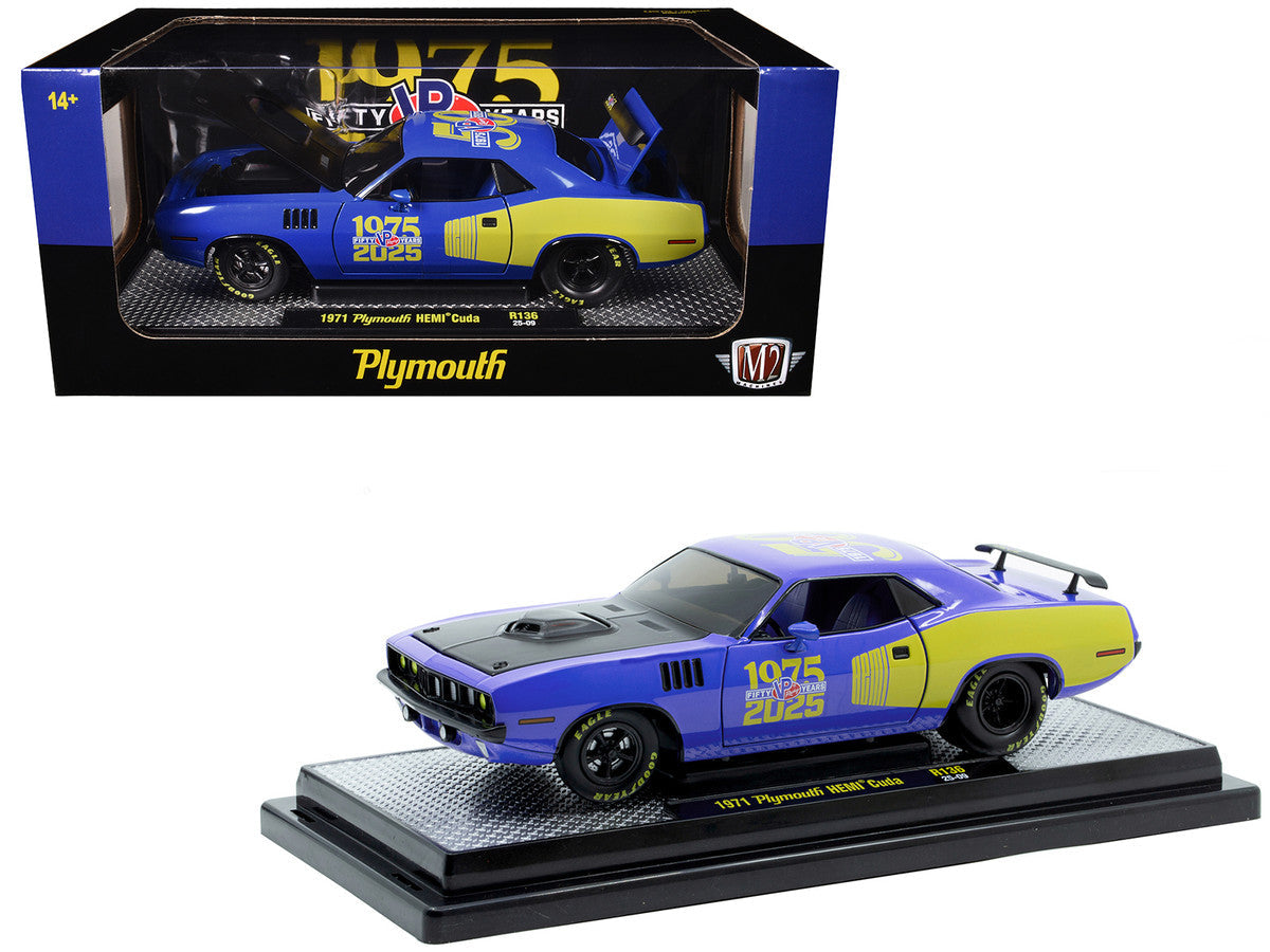 1971 Plymouth Hemi Cuda "VP Racing 50 Years" Blue with Yellow Sides Limited Edition to 8650 pieces Worldwide 1/24 Diecast Model Car by M2 Machines M2