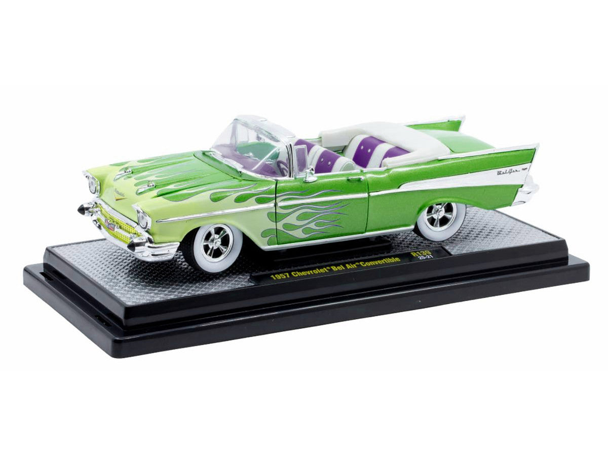 1957 Chevrolet Bel Air Convertible Green Metallic with Flame Graphics and Purple and White Interior Limited Edition to 4050 pieces Worldwide 1/24 Diecast Model Car by M2 Machines-0