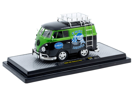 1960 Volkswagen Delivery Van "EMPI Equipped" Black and Green Metallic with Roof Rack and Ladder Limited Edition to 4050 pieces Worldwide 1/24 Diecast Model Car by M2 Machines-1
