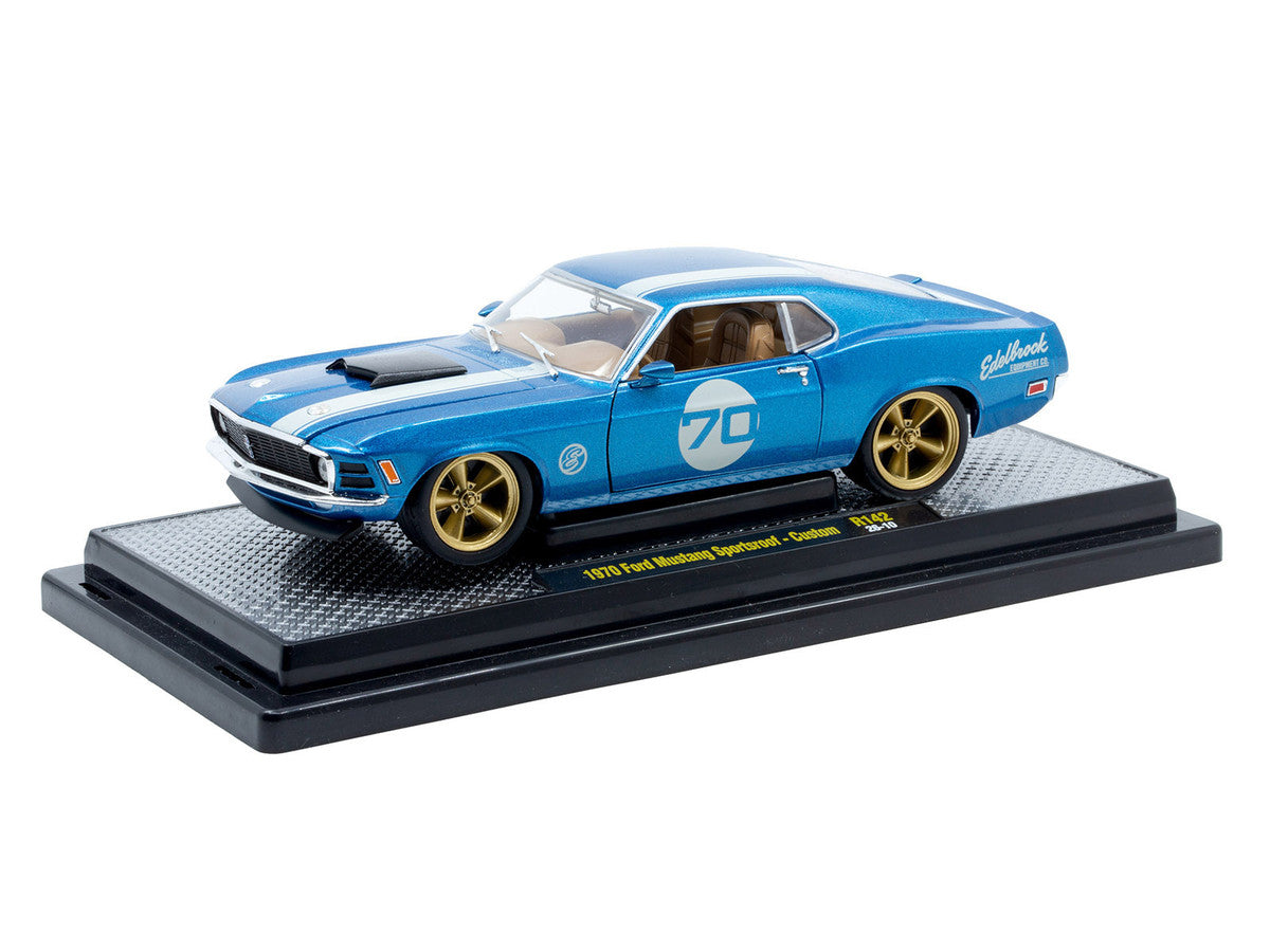 1970 Ford Mustang Sportsroof #70 Blue Metallic with White Stripes Limited Edition to 4050 pieces Worldwide 1/24 Diecast Model Car by M2 Machines M2