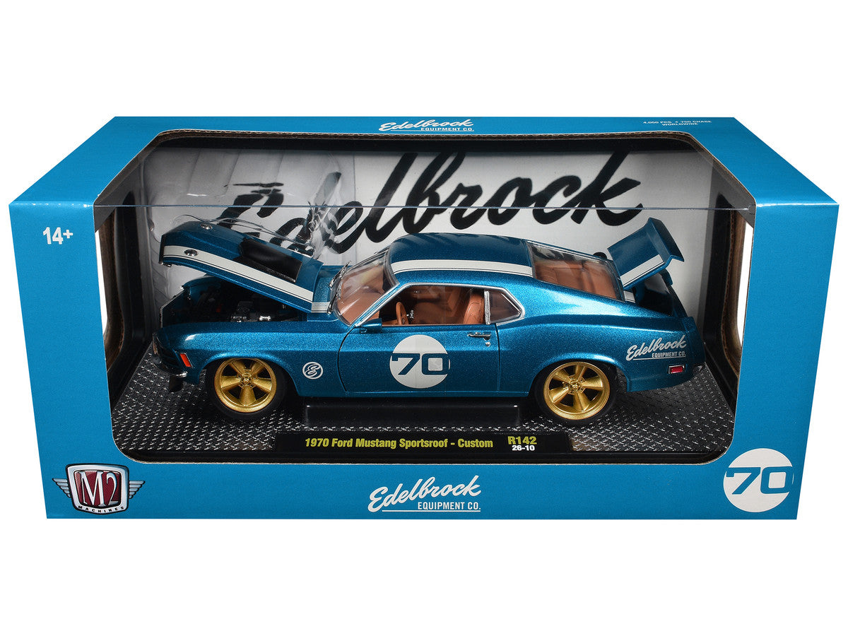 1970 Ford Mustang Sportsroof #70 Blue Metallic with White Stripes Limited Edition to 4050 pieces Worldwide 1/24 Diecast Model Car by M2 Machines M2