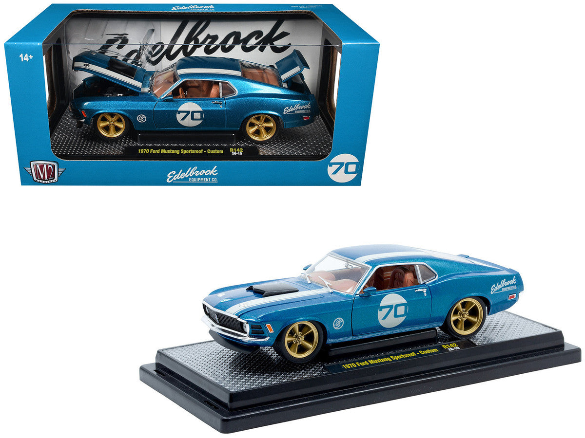1970 Ford Mustang Sportsroof #70 Blue Metallic with White Stripes Limited Edition to 4050 pieces Worldwide 1/24 Diecast Model Car by M2 Machines M2