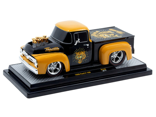 1956 Ford F-100 Pickup Truck "Throttle" Black with Brown Top and Fenders with Graphics Limited Edition to 6250 pieces Worldwide 1/24 Diecast Model Car by M2 Machines M2