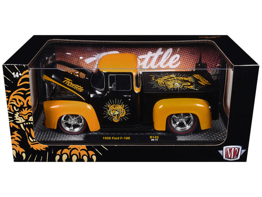 1956 Ford F-100 Pickup Truck "Throttle" Black with Brown Top and Fenders with Graphics Limited Edition to 6250 pieces Worldwide 1/24 Diecast Model Car by M2 Machines M2