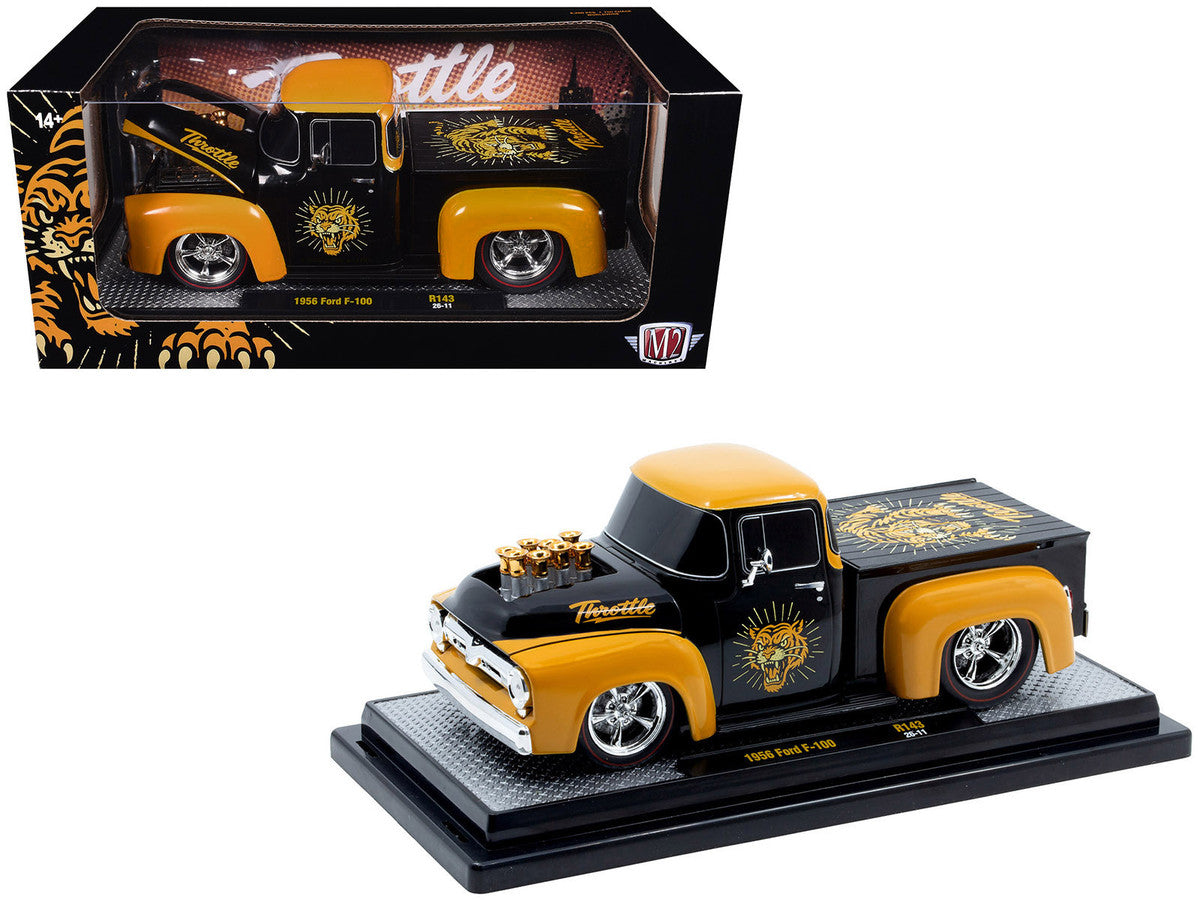 1956 Ford F-100 Pickup Truck "Throttle" Black with Brown Top and Fenders with Graphics Limited Edition to 6250 pieces Worldwide 1/24 Diecast Model Car by M2 Machines M2