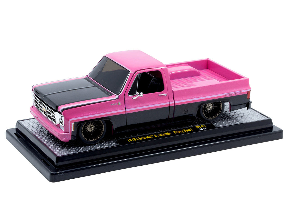 1979 Chevrolet Scottsdale Pickup Truck "Chevy Sport" Pink and Black Limited Edition to 6250 pieces Worldwide 1/24 Diecast Model Car by M2 Machines M2